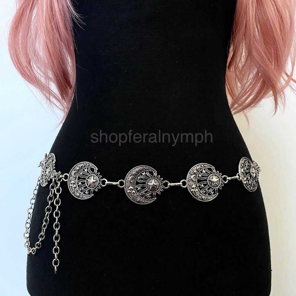 Silver Y2K Celestial Crescent Moon Sun Chain Belt, Fits 14-44 Inches, X7GA1381